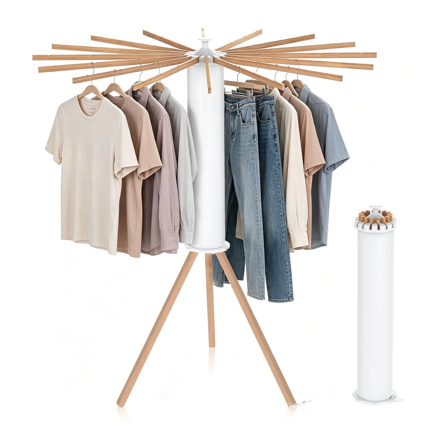 Clothes Drying Rack, Foldable Wooden Tripod Drying Rack Clothing for Small Apartments Balcony Bedroom, Portable Space Saving Laundry Rack, Floor Standing with 16 Octopus Poles for Indoor Drying.