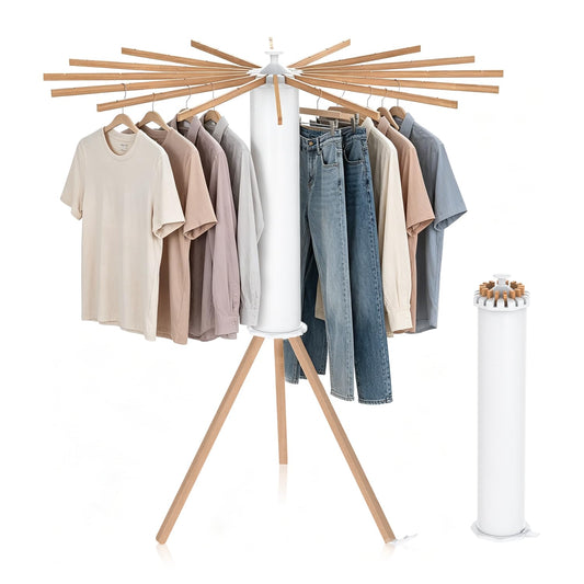 Clothes Drying Rack, Foldable Wooden Tripod Drying Rack Clothing for Small Apartments Balcony Bedroom, Portable Space Saving Laundry Rack, Floor Standing with 16 Octopus Poles for Indoor Drying.