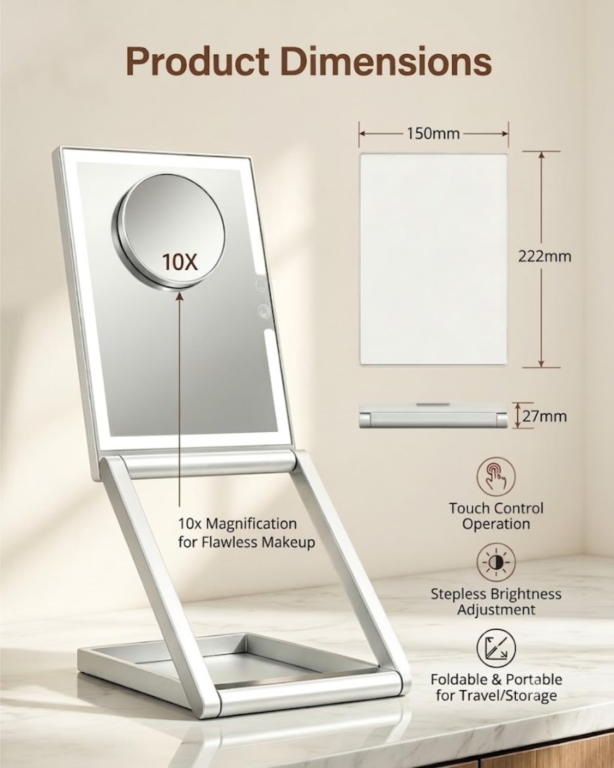 TOLOYE Makeup Mirror with Lights and Magnification 10X, Foldable Rechargeable Travel Led Makeup Mirror with Adjustable Stand, 3 Color Lights Stepless Dimming, Gifts for Women Wife Mom