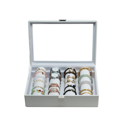 XHMQYC Bracelets Organizer Rods Bangles Display Holder, Clear See through Lid Leather Velvet Jewelry Storage Box Case for Women, 4 Rods White Leather
