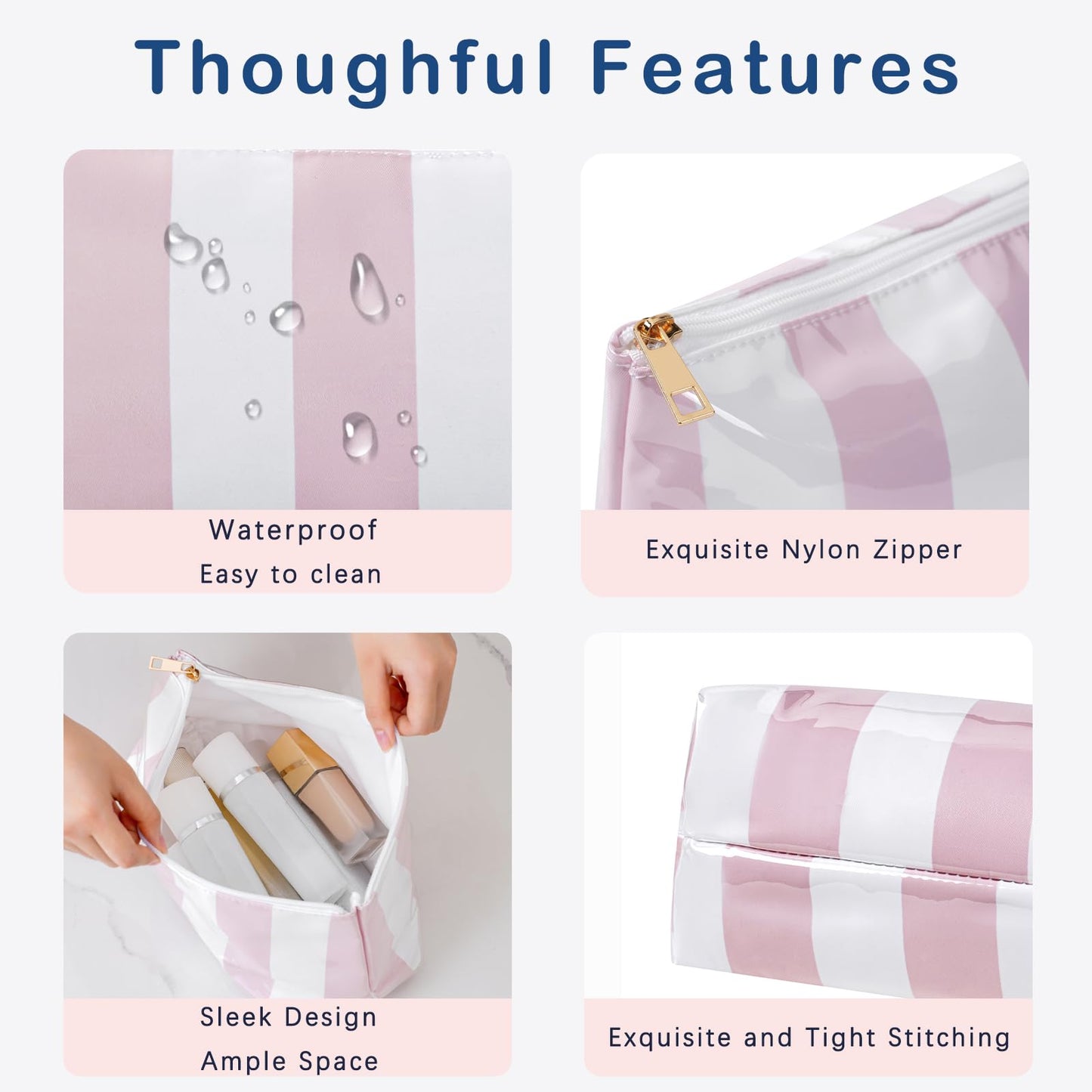 Large PVC Waterproof Striped Makeup Bag,Clear Coated Cosmetic Bags,Easy to Clean,Travel Organizer Zipper Pouch Beach Vacation Essentials for Women Girls(02Beige)