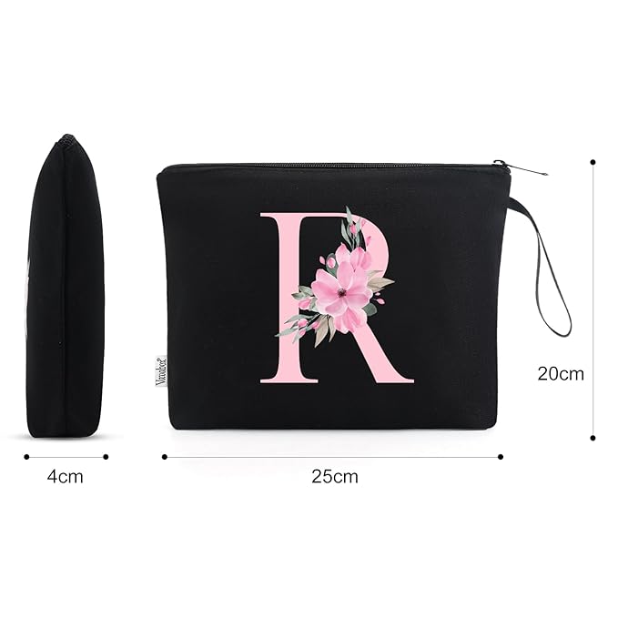 Vavabox A-Z Personalized Makeup Bag, Birthday Gifts for Women Mom, Gifts for Best Friend, Bride Bridesmaid Cosmetic bag (R, Black)