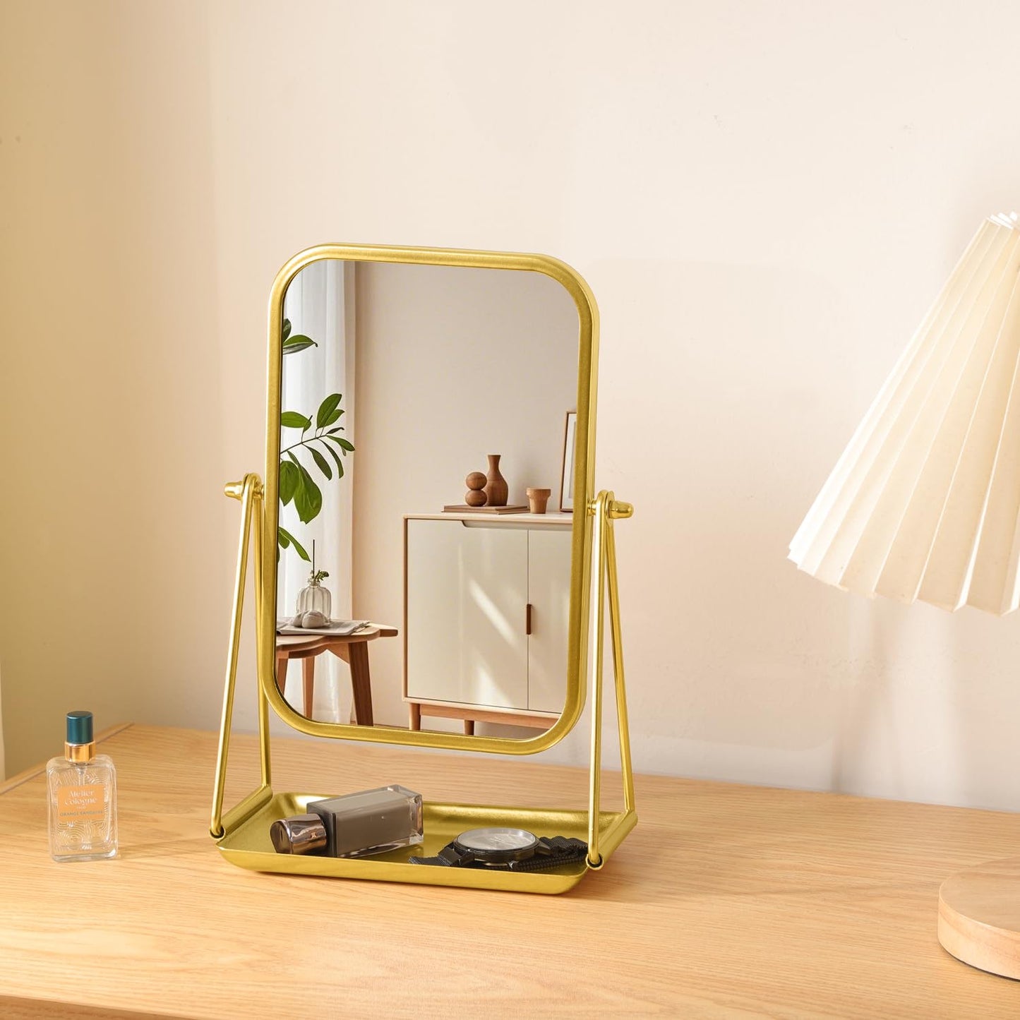 Gold Desk Mirror Rectangular Tabletop Vanity Makeup Mirrors with Metal Stand and Storage 360°Rotation Adjust Table Mirror Portable Cosmetic Mirrors for Dressing Bathroom Bedroom