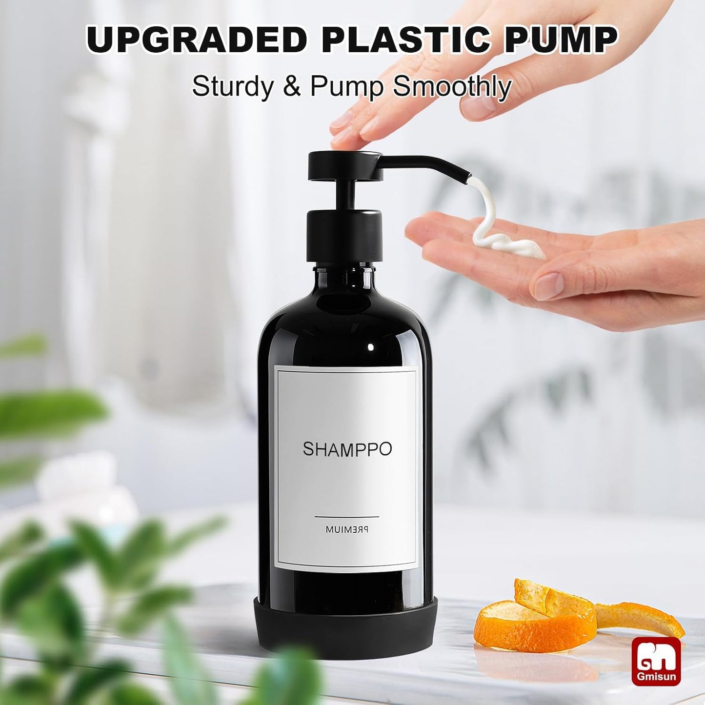 GMISUN Plastic Shampoo and Conditioner Dispenser with Silicone Sleeves, 21 oz Black Shower Soap Dispenser Bottles with Labels, Refillable Shampoo Conditioner Body Wash Dispensers Set of 3
