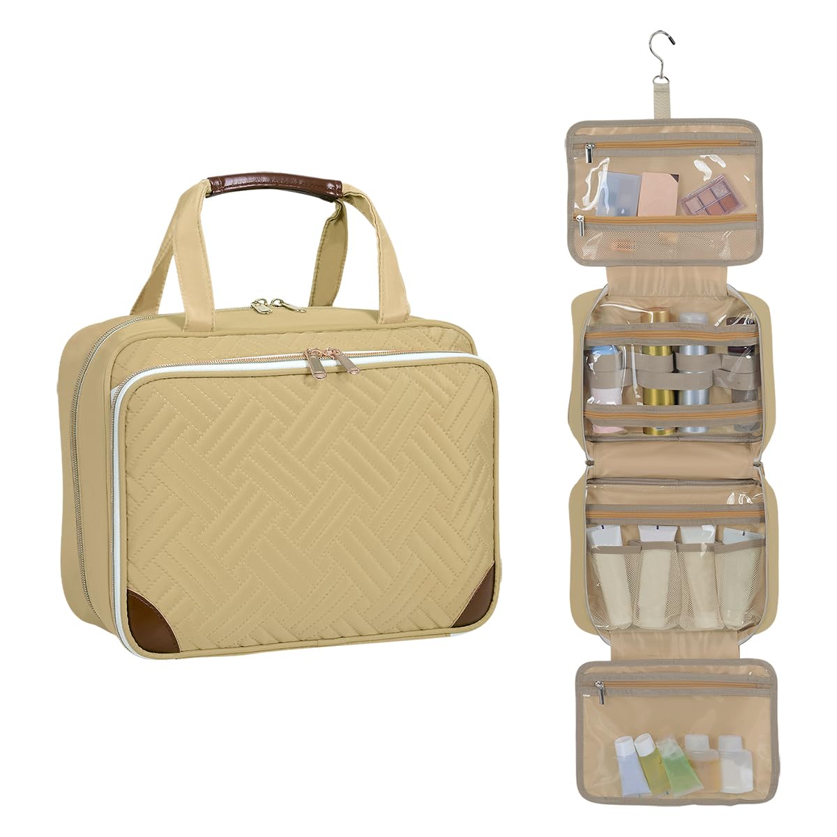 LANDFOBO Toiletry Bag for Women, Hanging Travel Toiletry Bag with Jewelry Organizer Compartment Large Makeup Bag, Cosmetic for Travel Business Trips Camping Bathroom Beige