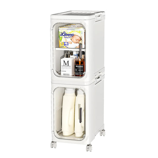 JOYZAN Narrow Bathroom Storage Cabinet with Movable Wheels, Slim Storage Cabinet with 2 Doors & Removable Panel, Skinny Bathroom Organizers and Storage for Small Space, Corner, Kitchen, Laundry