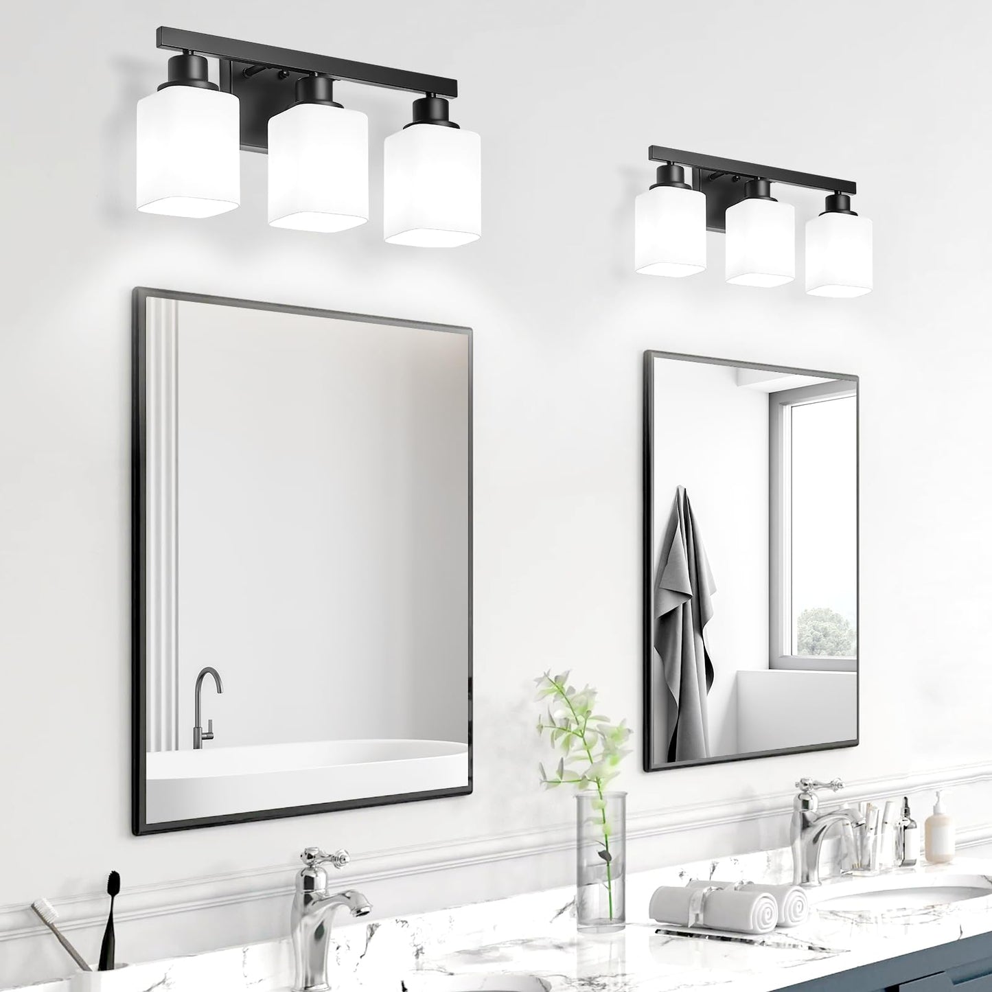 DIKAIDA 3-Light Bathroom Vanity Light,Modern Matte Black Bathroom Light Fixtures with Square Frosted Glass,Wall Sconces Lighting fixtures Over Mirror Restroom, Living Room Hallway