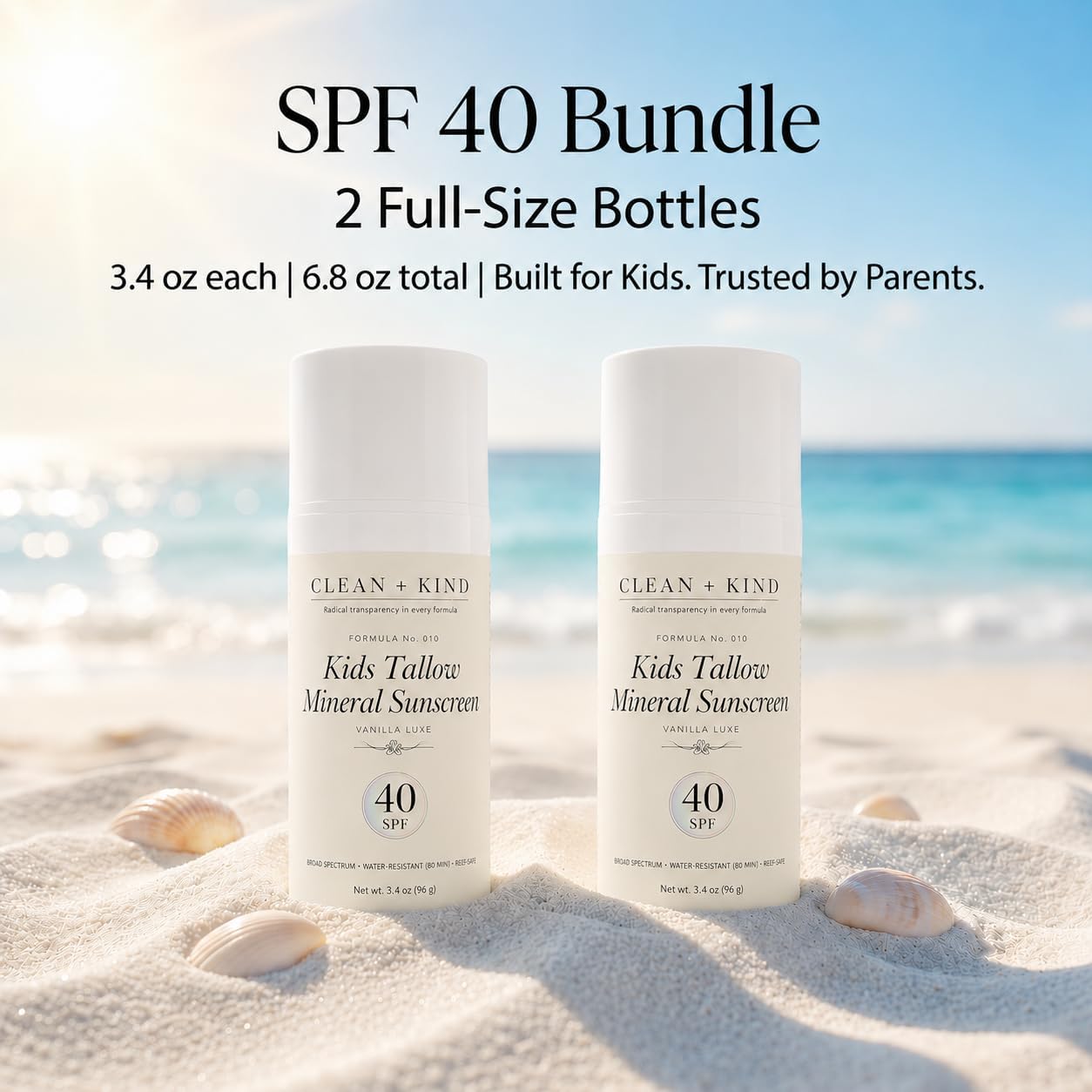 Clean + Kind Kids Sunscreen Mineral SPF 40 Twin Pack — Non Toxic Baby & Toddler Sunblock Bundle with Non-Nano Zinc Oxide, Grass-Fed Tallow, Natural Reef-Safe Sun Lotion, No White Cast (Two 3.4 oz)