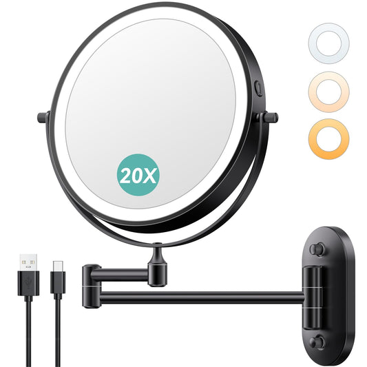 Auxmir 8'' Wall Mounted Lighted Makeup Mirror, 3200mAh Rechargeable Double-Sided 1X/20X Magnifying Mirror with Light, Touch Dimmable 3 Color Light, 360° Rotation Foldable Extended Arm, Black