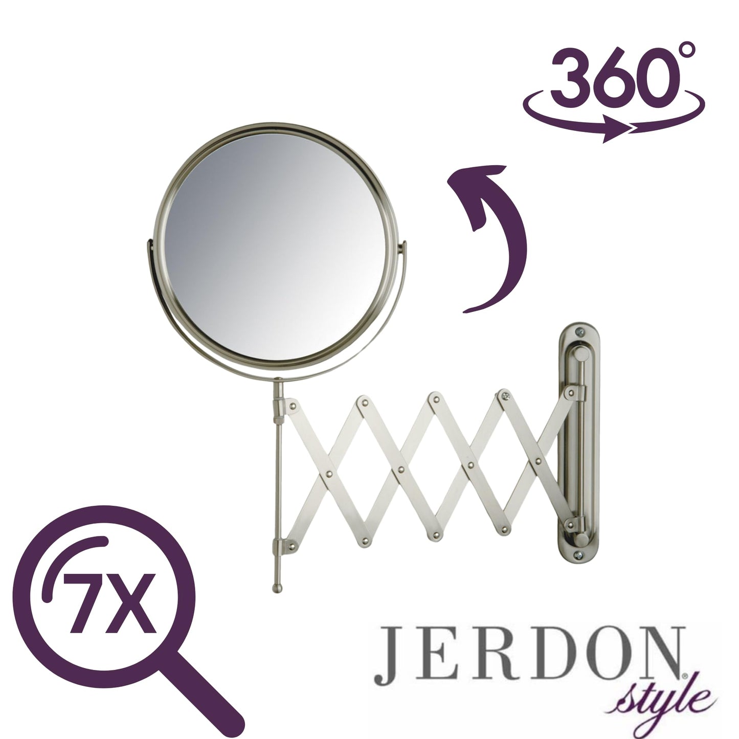 JERDON Two-Sided Wall-Mounted Makeup Mirror - Makeup Mirror with 7X Magnification & Extendable Arm - 8-inch Diameter Mirror with Nickel Finish Wall Mount - Model JP2027N