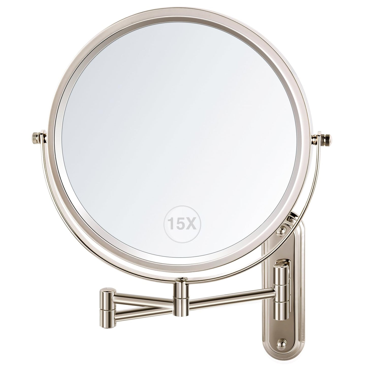 VORREMIRR Wall Mounted Makeup Mirror, 15X/1X Double Sided Magnifying Mirror, 8.5 Inch Round, Brushed Nickel, Modern Style, Space Theme, 13" L x 11" W