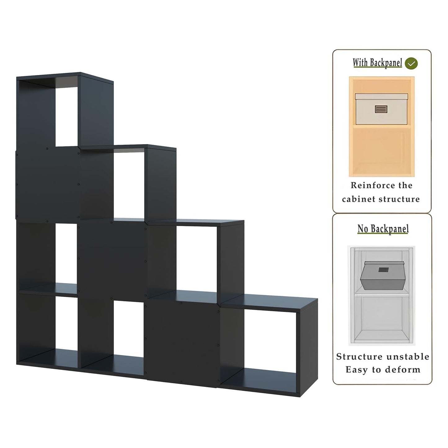 OSCHF Ladder Cube Storage Bookcase - Wooden L-Shaped 4-Tier Corner Shelf, Reversible 10-Cube Organizer for Home & Office, Black