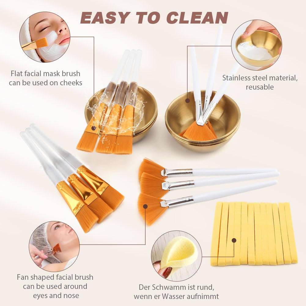 30Pcs Esthetician Supplies for Facials Set 6 Gold Facial Bowls Esthetician 6* Facial Brushes 6* Flat Brushes 12 Sponge Strips Face Cosmetic Applicators for Mask Mixing(COLOR:Gold)