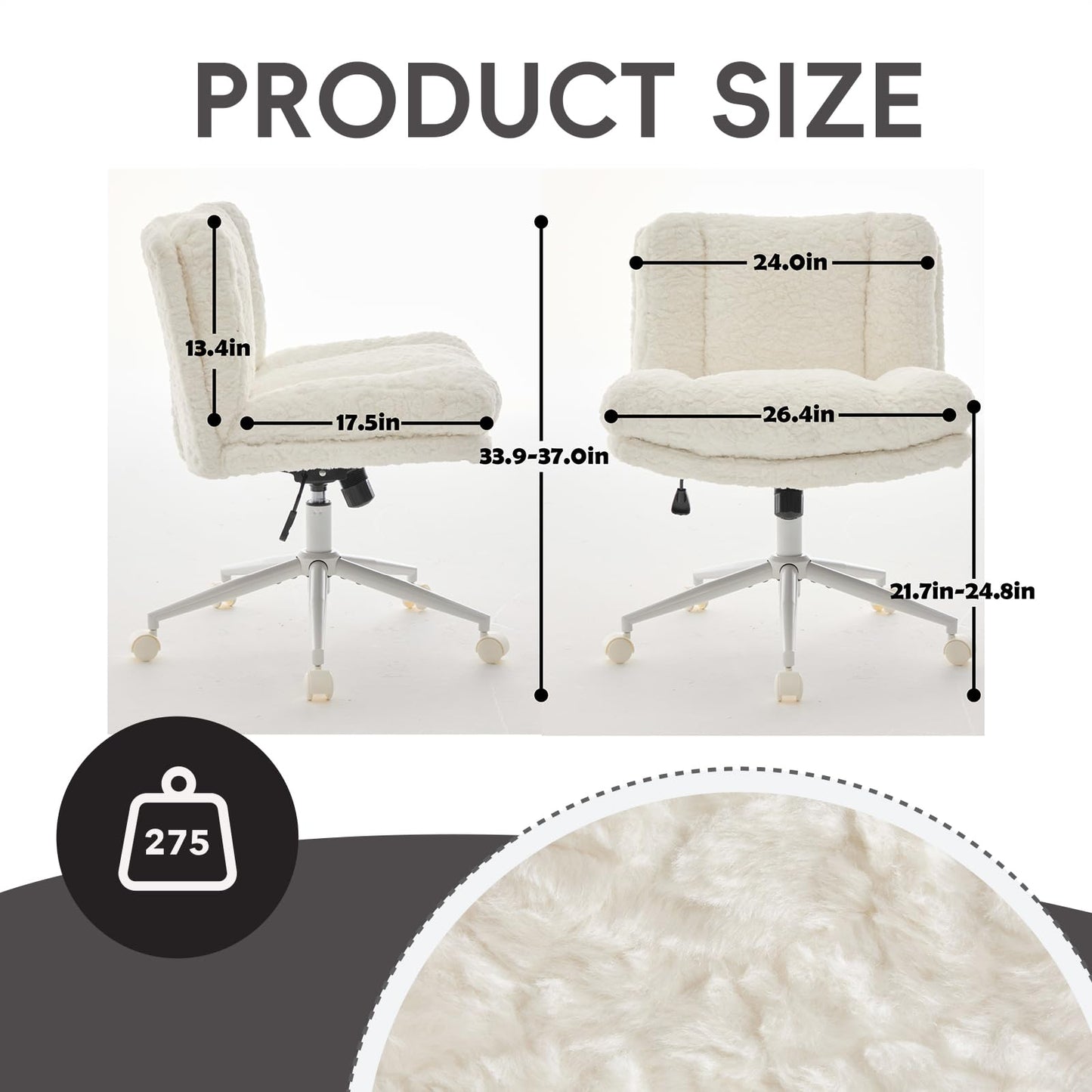KIUMU Upgraded Plush Faux Fur Criss Cross Office Vanity & Desk Chair with White Metal Base – Extra-Wide Seat & Tilt Backrest, Adjustable Swivel Makeup Chair for Bedroom, Study & Home Office, Cream