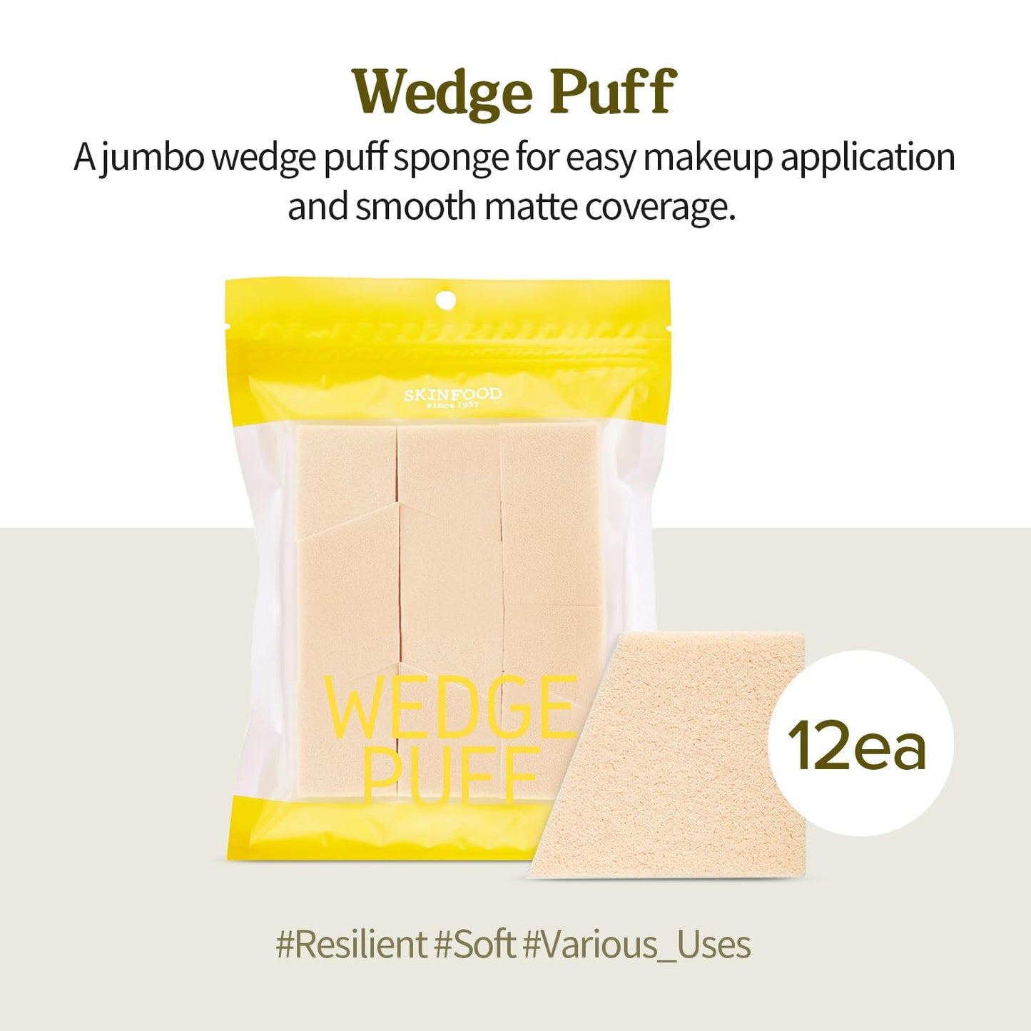 SKINFOOD Wedge Puff Sponges Jumbo Size 12pcs - Blender Beauty Foundation Wedges Blending Sponge - Makeup Wedges - Multi Purpose Cosmetic Applicator Makeup Sponge Blender for Makeup & Concealer