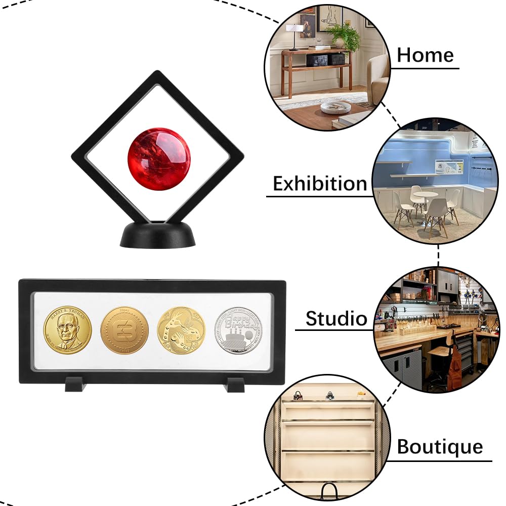 giteo bedding 15PCS 3D Floating Frame Display Case, Black Durable Challenge Coin Holder Stand, Multi-Functional Transparent PE Jewelry Storage Box for Medallions, Coins, Medals, Specimen