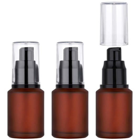 Segbeauty 1oz Frosted Glass Pump Bottle Dispenser Refillable, Pack of 3 Red Empty Small Lotion Bottle Travel Size Makeup Pump Dispensers, 30ml Leak Proof Glass Travel Bottles for Toiletries