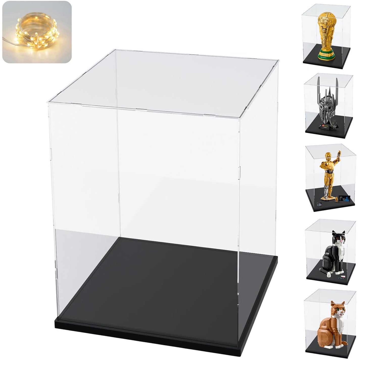 3MM Clear Acrylic Display Case Transparent for Lego 43020 FIFA World Cup Trophy for 11373 Sauron's Helmet for 75398 C-3PO 21349 21376 Cat 10323 10358 77072 43230 76463 76467 Black 9.8x9.8x15.7in