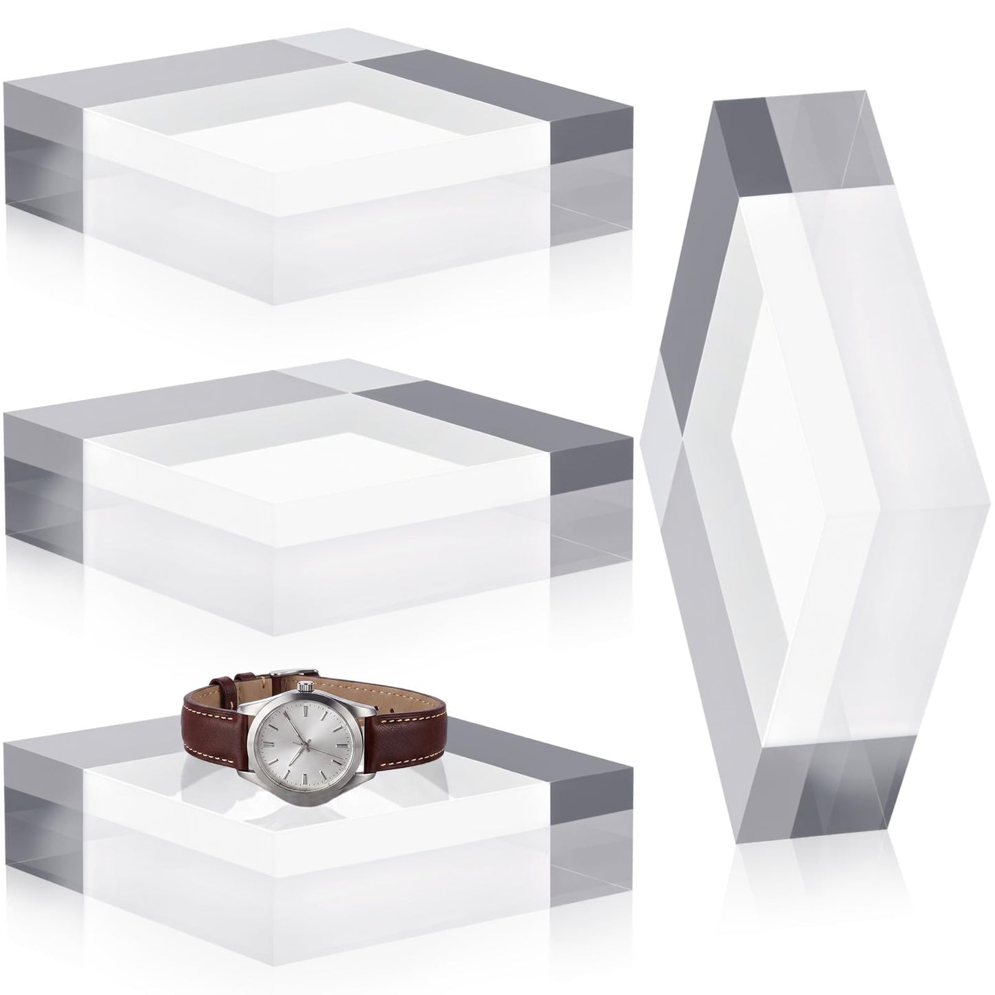 Qunclay 4 Pcs 6 x 6 x 2 Inches Acrylic Square Display Block Clear Polished Acrylic Cubes Jewelry Display Stand for Jewelry Ring Showcase Holder Base Collections