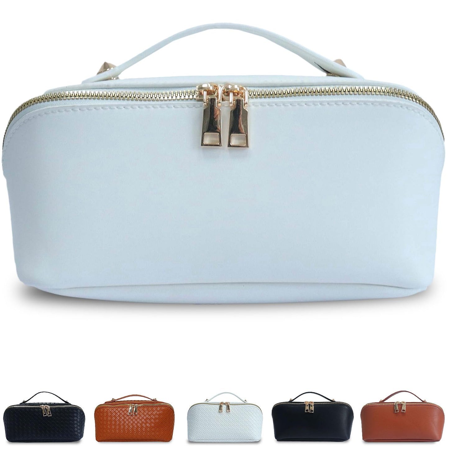 Travel Makeup Bag, Large Capacity Cosmetic Bag for Women, Large Makeup Organizer, PU Leather Waterproof Makeup bag, Travel Toiletry Bag Open flat Makeup Bag with Dividers and Handle (Smooth, White)
