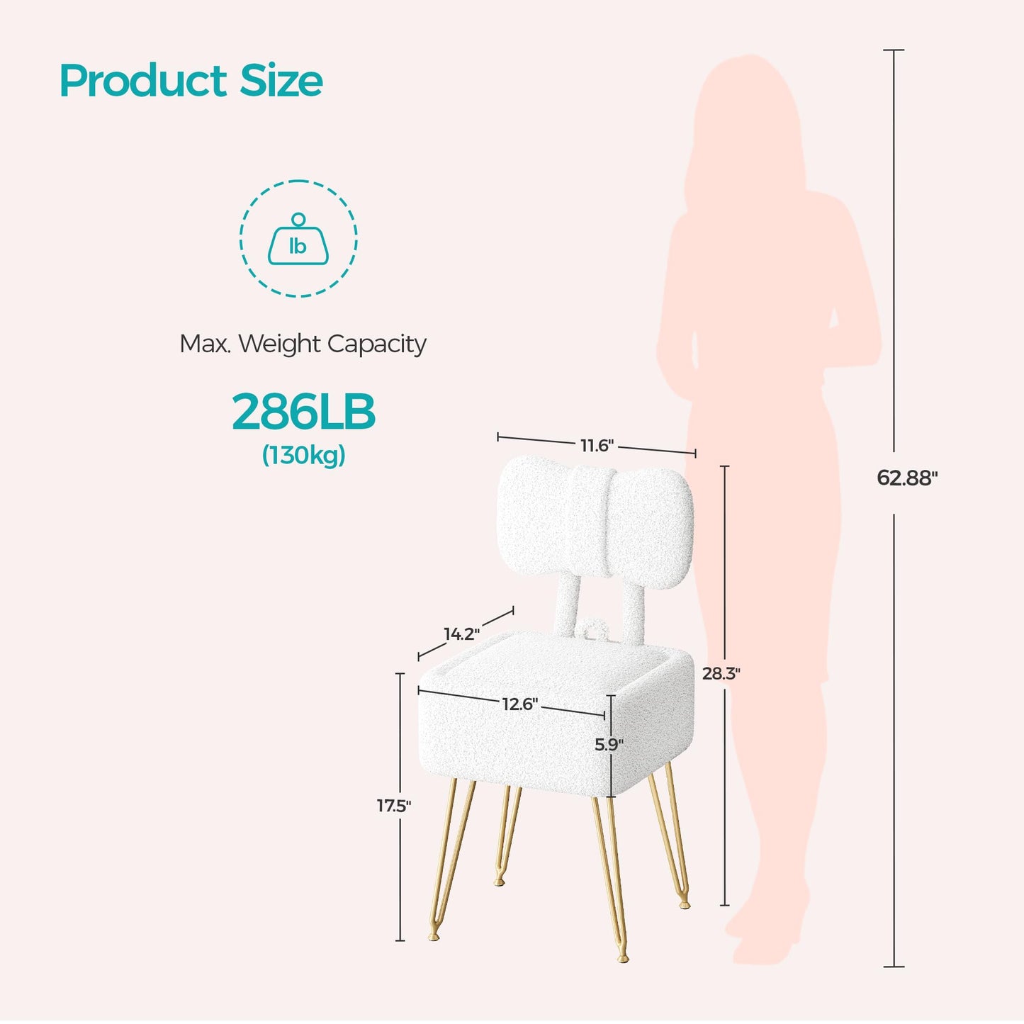 SENGALOTI Small Vanity Stool Chair with Storage and Foldable Back, White