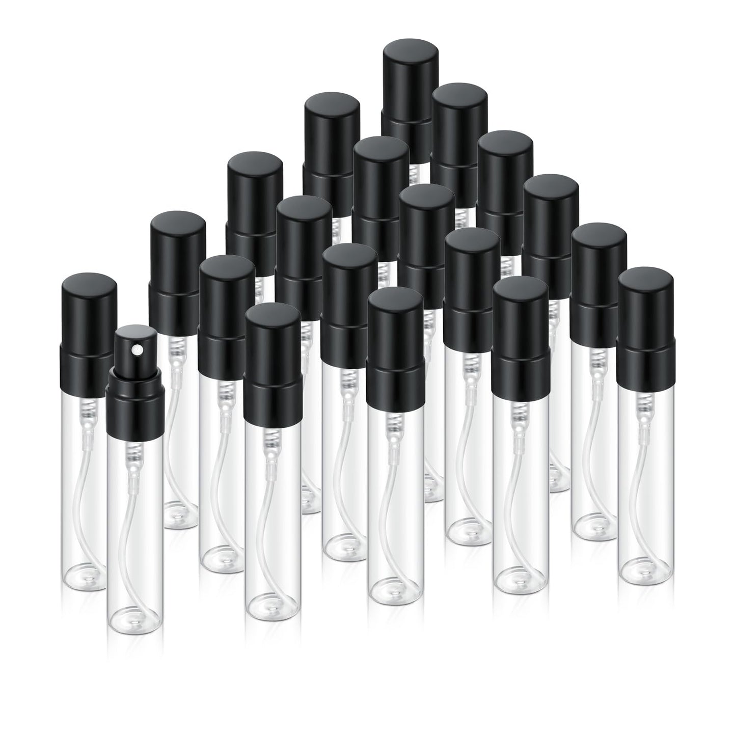 Jxcmeng 20Pcs 5ml Empty Clear Glass Mist Spray Bottle Refillable Mini Perfume Atomizer Travel Sample Bottle with Black Aluminized Nozzle Makeup Container for Perfume (5ml Black Caps)