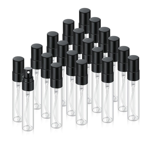 Jxcmeng 20Pcs 5ml Empty Clear Glass Mist Spray Bottle Refillable Mini Perfume Atomizer Travel Sample Bottle with Black Aluminized Nozzle Makeup Container for Perfume (5ml Black Caps)