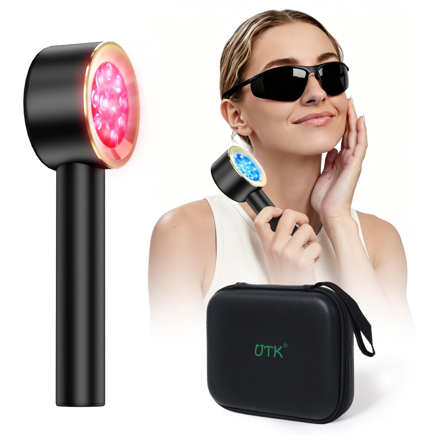 UTK Handheld Blue & Red Light Therapy Device with 4 Wavelengths (470/660/850/940nm), Near Infrared Red Light Deeply Pain-Relief, Red Light Therapy for Body & Face, Portable Gift for Women