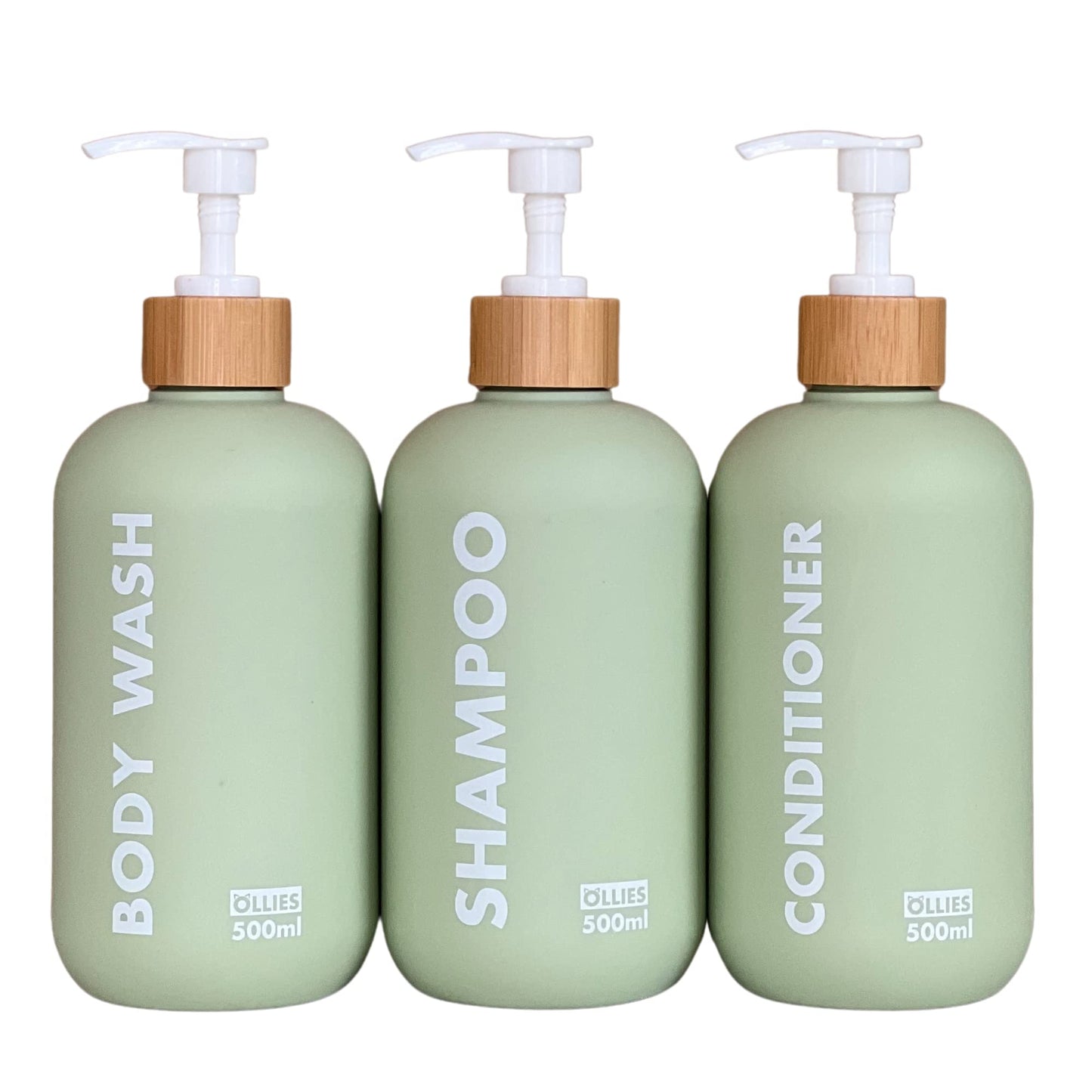 OLLIES Shampoo and Conditioner Dispenser, Shower Soap Dispenser for Bathroom, Set of 3 with Permanent Stylish Label, 17oz, 500ml Refillable Shampoo and Conditioner Bottles Green