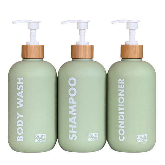 OLLIES Shampoo and Conditioner Dispenser, Shower Soap Dispenser for Bathroom, Set of 3 with Permanent Stylish Label, 17oz, 500ml Refillable Shampoo and Conditioner Bottles Green