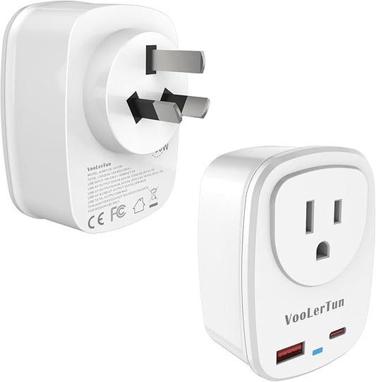 Type I Plug Adapter, VooLerTun Australia Travel Adapter with 30W Fast Charge Power Adapter Dual Ports compatiblecell Phone Camera, 1 American Outlet Adapter, US Converter for New Zealand Travel