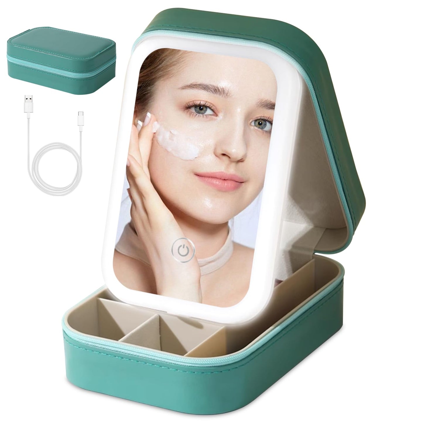 voioe Small Travel LED Makeup Mirror Case with 3 Adjustable Color Light Settings, Dust-Proof Jewelry Box, Mini Cosmetic Train Case Ideal for Short Trips (Green)