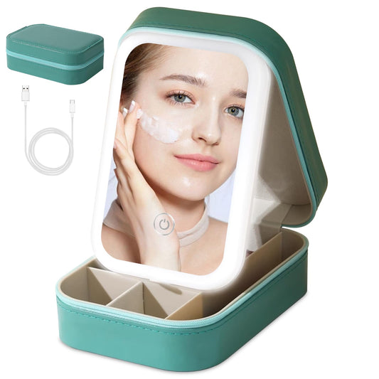 voioe Small Travel LED Makeup Mirror Case with 3 Adjustable Color Light Settings, Dust-Proof Jewelry Box, Mini Cosmetic Train Case Ideal for Short Trips (Green)