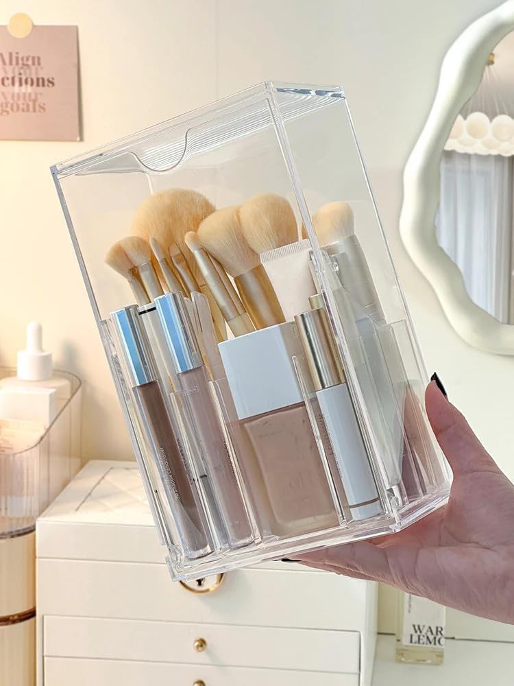 Singring Makeup Brush Holder Organizer with Lid, Acrylic Dustproof Makeup Brush Storage Box, Cosmetic Make Up Brush Container for Vanity, Bathroom