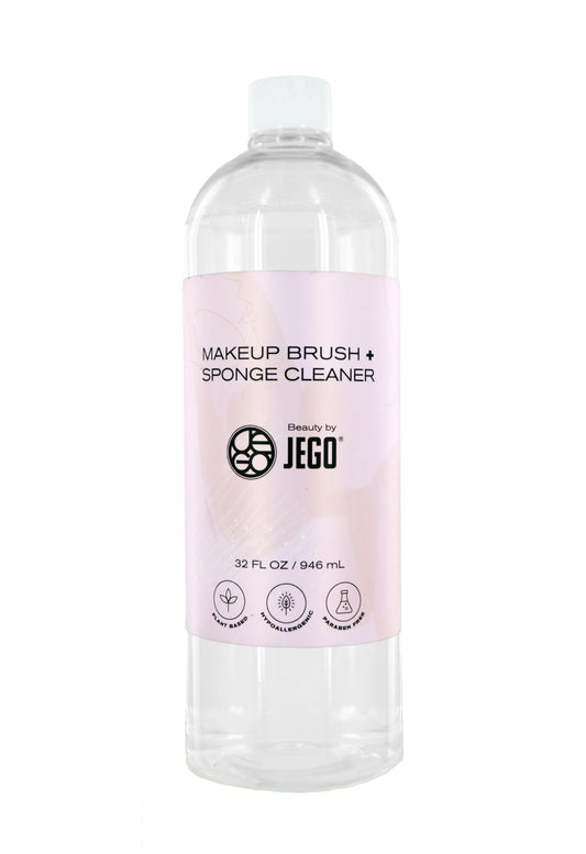 JEGO Makeup Brush + Sponge Cleaner Solution - Ideal for Removing Makeup, Dirt, & Oil - Make Up Brush Cleanser - Hypoallergenic & Plant-Based Solution - 32 Oz