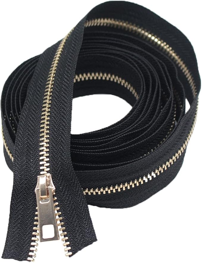 MebuZip #3 Upholstery Zipper by The Yard Black Long Tape Metal Zippers 5 Yards with 10pcs Light Gold Zipper Pull for Sewing Tailor Crafts (Gold 5 Yards)