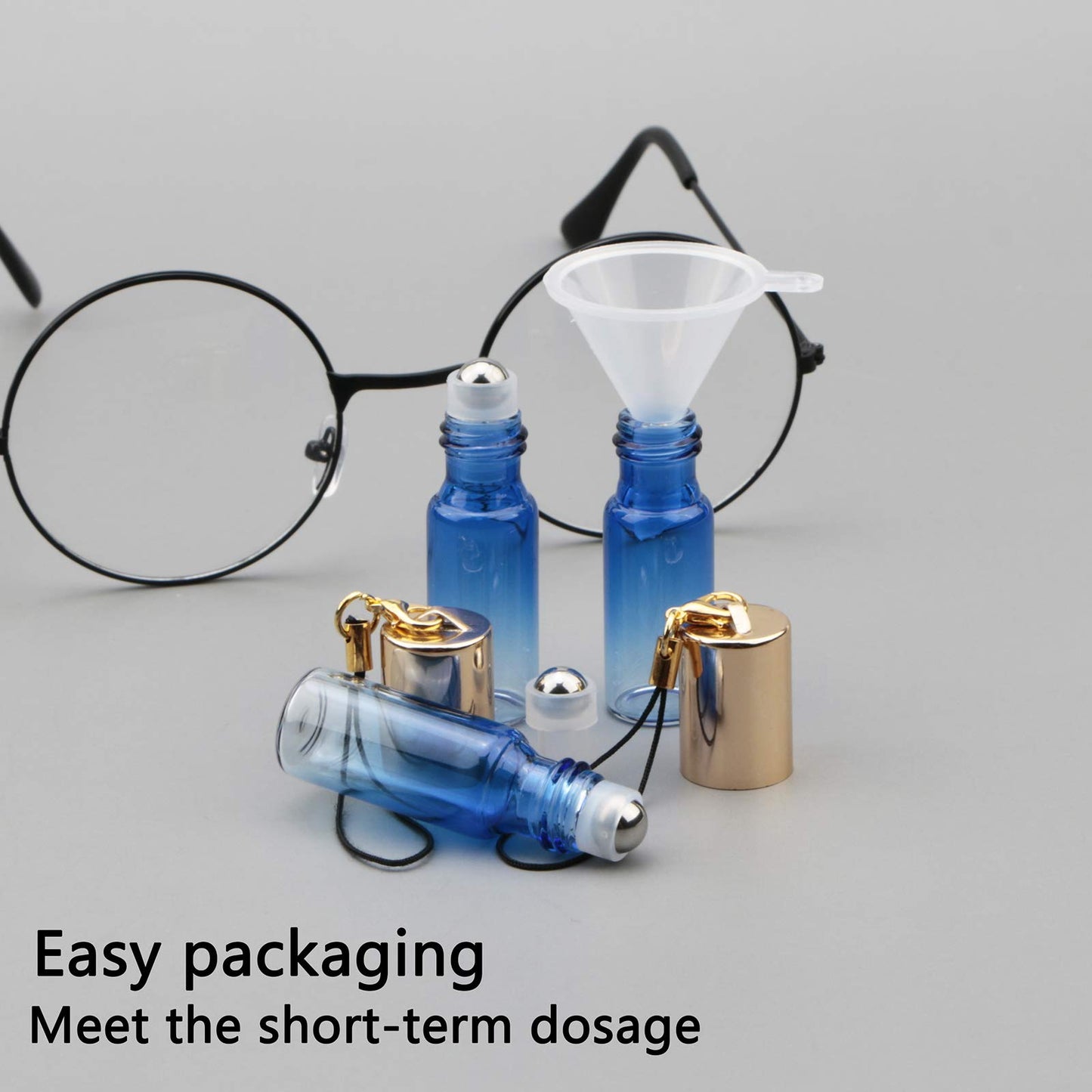 Kesell 5ml Essential Oil Roller Bottles - 15 Pack Gradient blue Colored Perfume Glass Roll On Bottles Sample Vials with Stainless Steel Roller Balls, Essential Oil Opener and Funnels Included