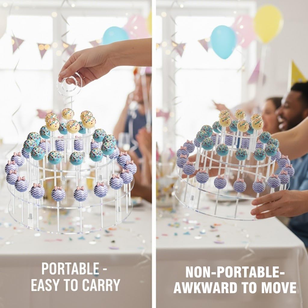 3 Tier Acrylic Lollipop Stand with Handle, 36-Hole Clear Cake Pop Holder with 100 Sticks, 100 Wrappers, 100 Gold Twist Ties, Candy Dessert Display Rack for Weddings, Birthday Parties, Baby Showers