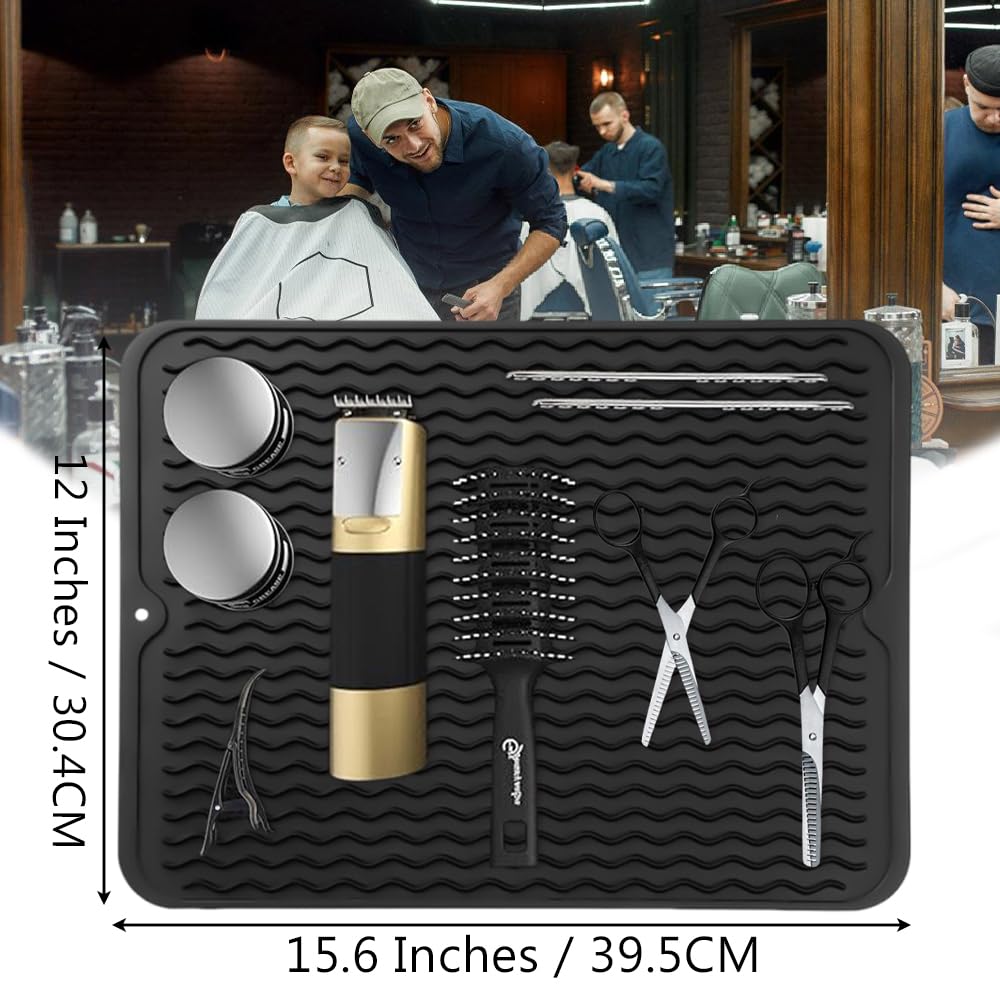 Ouliget Barber Mat for Clippers,Anti Slip Flexible Rubber Flexible Rubber Mat,Countertop Protection Mat for Bar Service Sink Mat Beauty Salon Station Pad,15.6x12 Inches (Black)