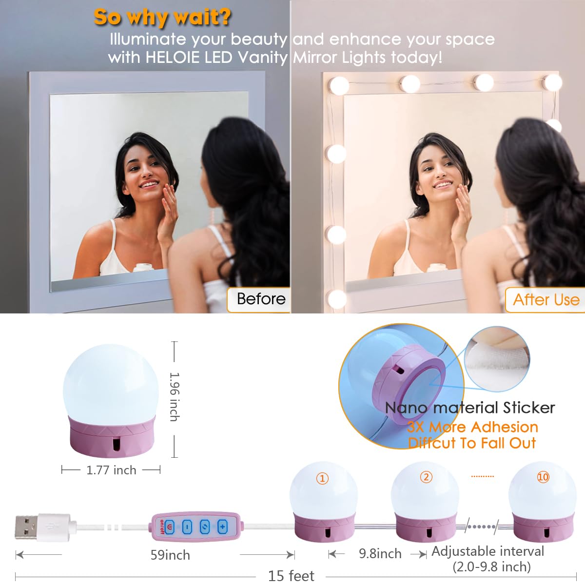 HELOIE Led Vanity Mirror Lights, Vanity Lights for Makeup Dressing Mirror Lighting,10 Dimmable Bulbs,Adjustable Light Color & Brightness,USB Cable