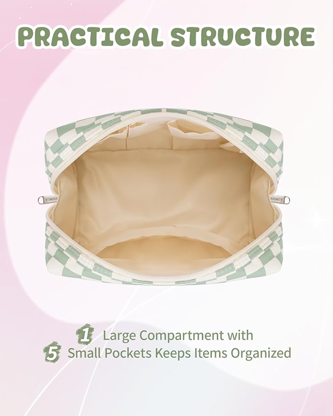 Narwey Birthday Gifts for Teen Girls Kids Women Personalized Initial Checkered Makeup Bag Preppy Cosmetic Bag Trendy Stuff 6 8 10 11 12 13 14 16 18 Years Old Travel Toiletry Bag (Green Letter F)