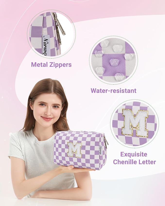 Narwey Birthday Gifts for Women Girls, Initial Makeup Bag for Bridesmaid Teacher Sister Friend Graduation Gifts, Personalized Monogram Cosmetic Toiletry Bag, Teen Girls Trendy Stuff (Purple M)