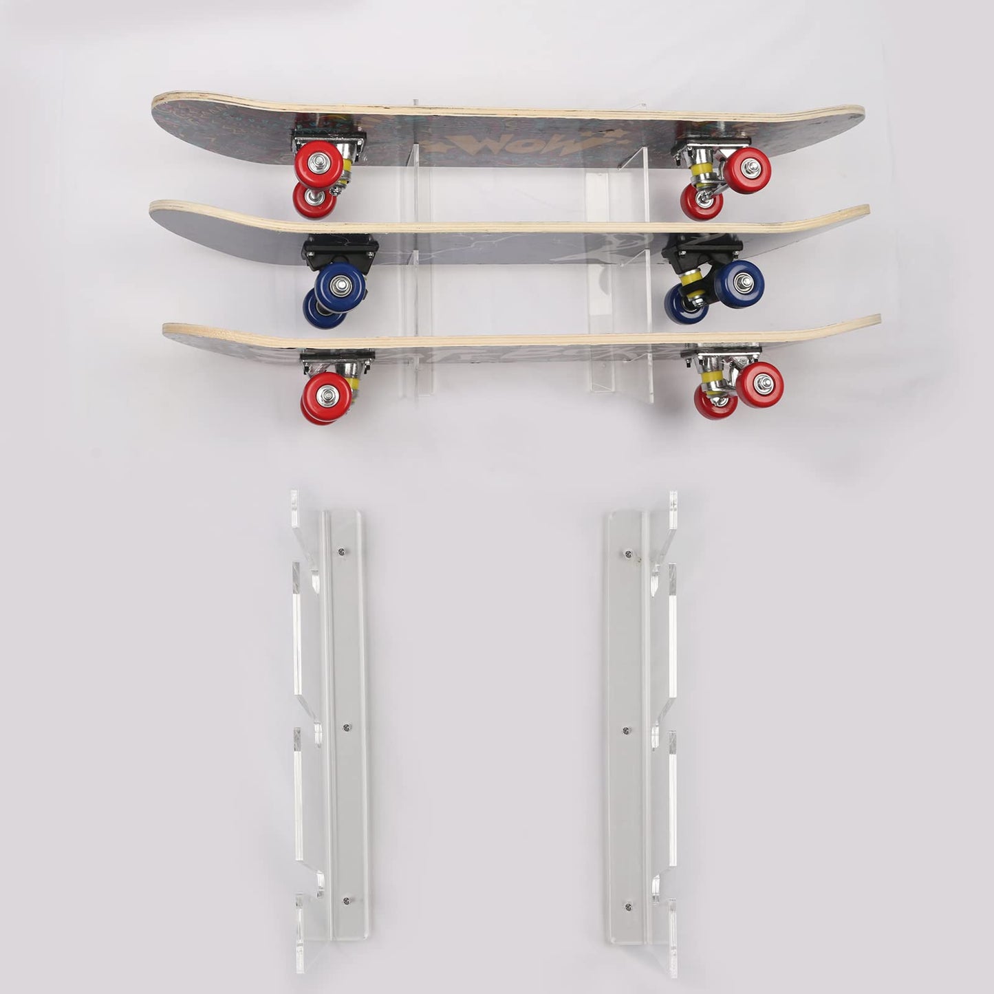 HHUXIUE Wall-Mounted Skateboard Mount - Space-Saving Horizontal Display Rack for Secure Skateboard Storage & Decoration (3 Layers Transparent)