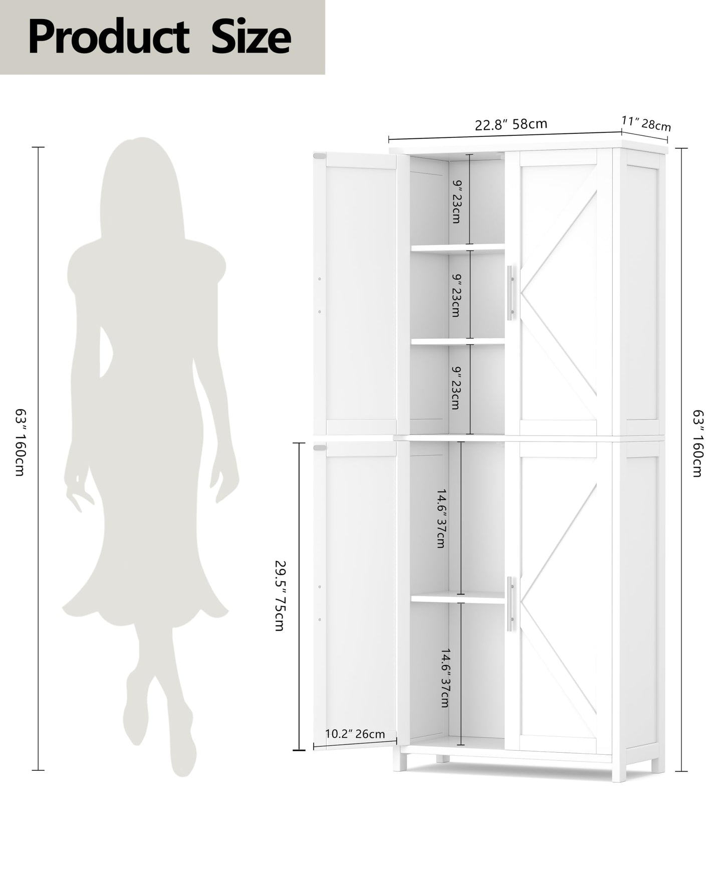Akxomel Tall Bathroom Storage Cabinet, 11 x 22.8 x 63 Inches, Floor Cabinet with Barn Doors, Adjustable Shelf, Linen Pantry Cabinet for Kitchen, Laundry Room, Living Room, Entryway, White