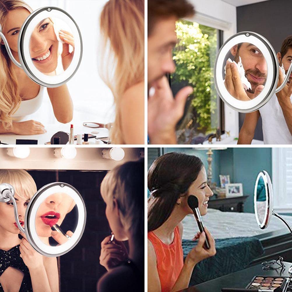 Masyrt 10X Magnifying Mirror with Light,Makeup Mirror with LED Light and Suction Cup,Flexible Gooseneck Make Up with Lights and Magnification for Travel Home Bathroom Vanity (White)