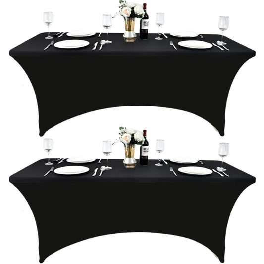 ZarzaaSik 2-Pack 6ft Black Spandex Table Covers for Rectangle Standard Folding Tables - Wrinkle Resistant Stretch Tablecloths - Ultimate Fitted Table Protector for Parties, Trade Shows, Banquet