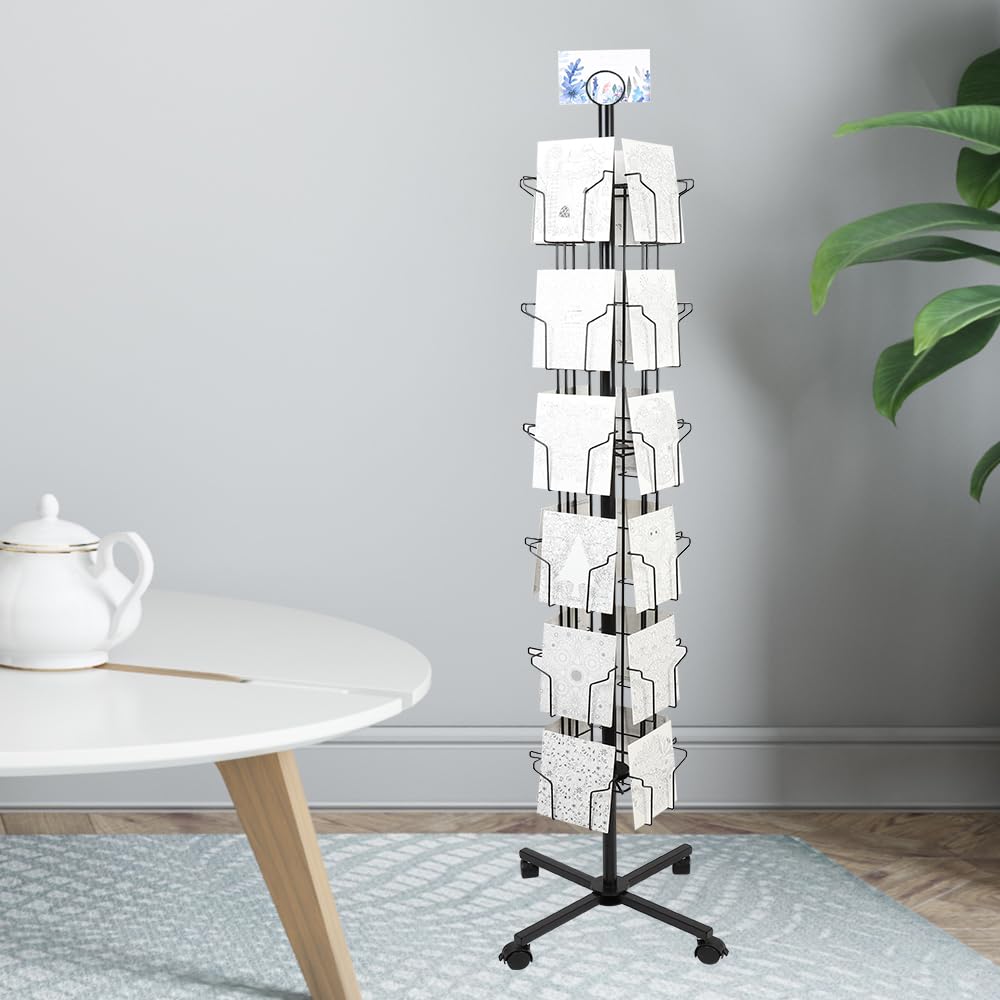 ZZJIA 6 Tier Rotating Greeting Card Display Stand with 24 Pockets, Metal Rack for Stickers,Postcard,Photocard,Brochures,CD disc (Black)