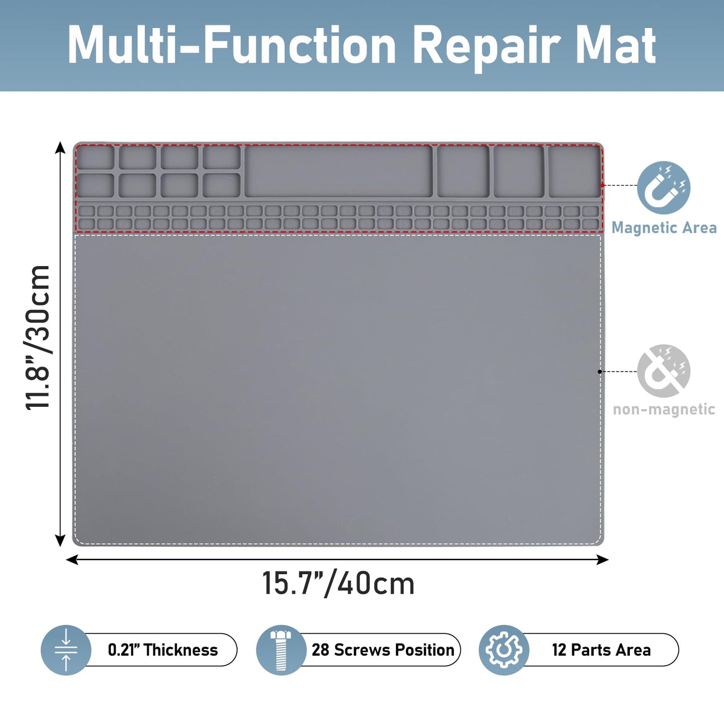 Heat Insulation Soldering Mat - Magnetic Silicone Work Mat, Silicone Soldering Mat for Soldering, Computer, Cell Phone, Watch Repair, BGA Soldering Gun Iron Workbench Protection (15.9''×11.9'') - Gray