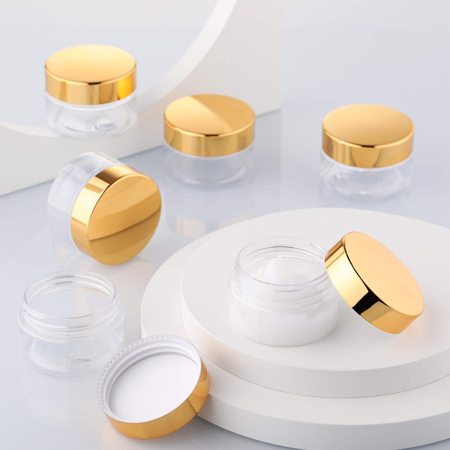 12 Pack Plastic Container Jars with Lids Round Clear Travel Cosmetic Container Jars for Toiletries, Lotion, Cream, Ointments, Makeup, Rhinestone, Samples, Kitchen Storage(4 oz,Gold)