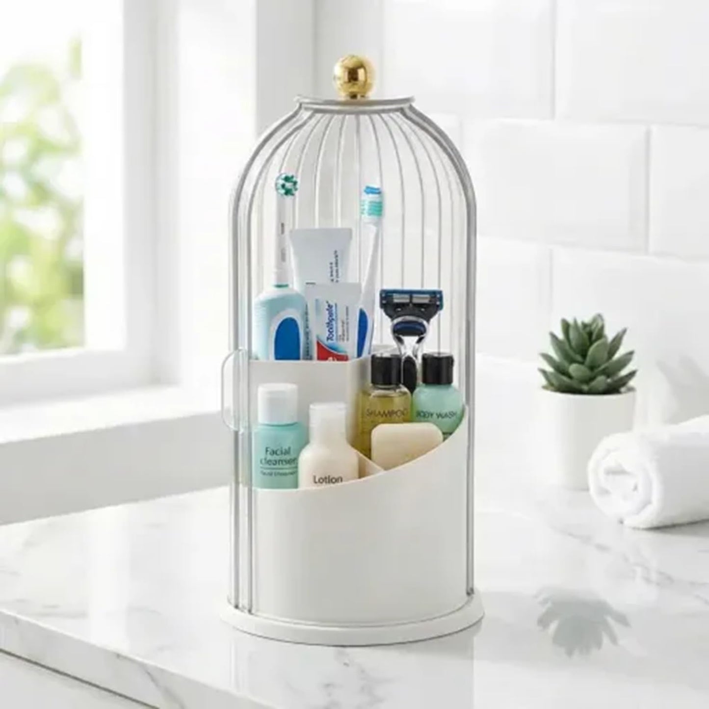 sagact Makeup Brush Holder with Lid 360° Rotating 3-Compartment Makeup Organizers for Vanity, Waterproof & Dustproof Cosmetic Storage Box for Dressing Table (Transparent White)